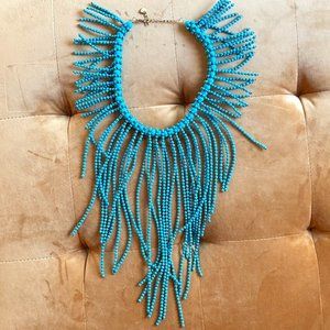 Anthropologie Aqua Beaded Fringe Necklace